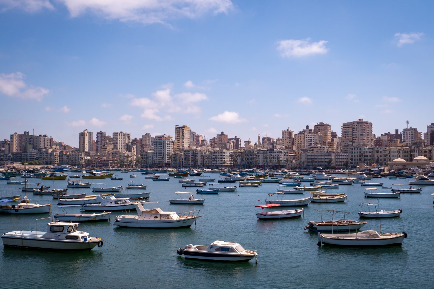 the harbour with many boats and skyline of alexandria - view from the citadel